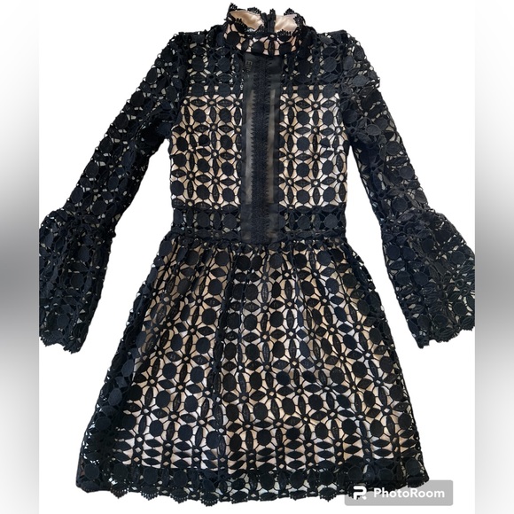 Eilly Bazar Black Mesh Insert Mock Neck Flounce Sleeve Lace Dress Size Small - Picture 5 of 9